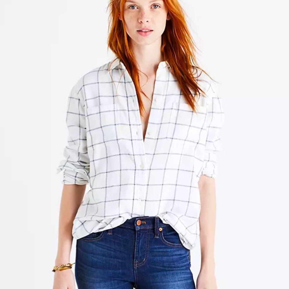 Madewell Ex Boyfriend Flannel Shirt Windowpane Wool Cotton Blend Button Up Top